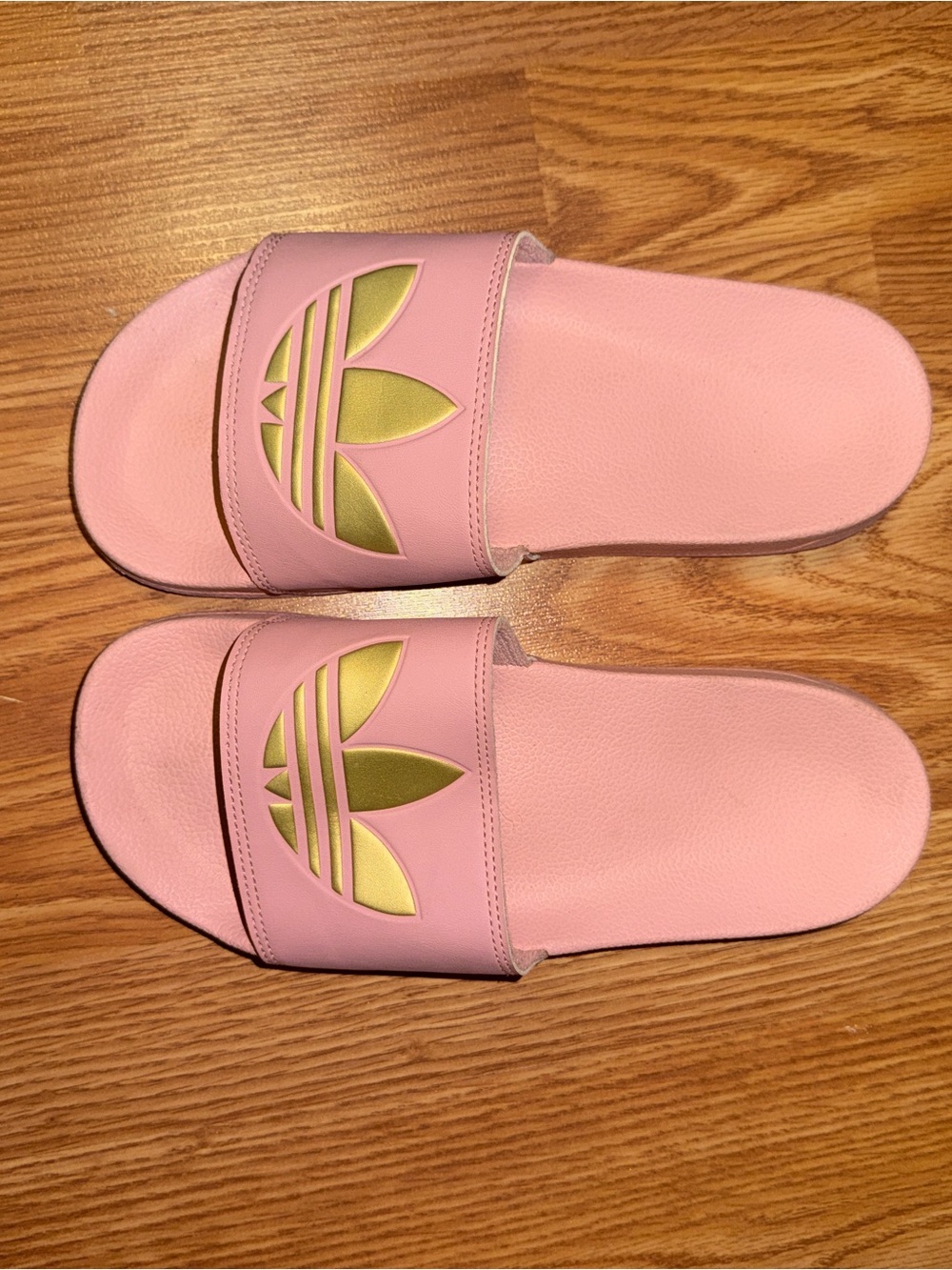 adidas Pink Slide Sandals with Gold Trefoil